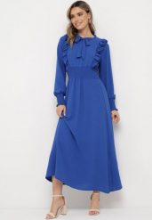 Niebieska Rozkloszowana Sukienka Maxi Wiązana przy Dekolcie Ozdobiona Falbankami Nuteki. Niebieskie sukienki damskie Born2be, na imprezę, m, bez wzorów, eleganckie, bez kołnierzyka, bez ramiączek, maxi, rozkloszowane. W wyprzedaży za 103.99 zł.