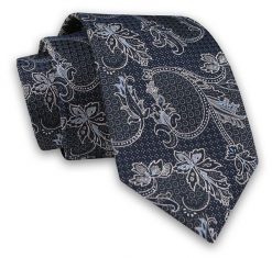 Ciemny Granatowy Elegancki Męski Krawat -ALTIES- 7cm, Stylowy, Klasyczny, w Szary, Srebrny Wzór. Niebieskie krawaty i muchy męskie Alties, bez wzorów, z tkaniny, eleganckie. Za 49.00 zł.