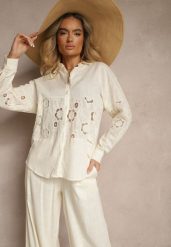 Jasnobeżowa Koszula Oversize z Lnem Zdobiona Ażurowymi Wstawkami Dannivra. Brązowe koszule damskie Renee, m, z aplikacjami, biznesowe, bez kołnierzyka, bez ramiączek. Za 89.99 zł.