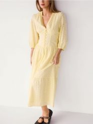 Sukienka z haftem - jasnożółty. Żółte sukienki damskie Reserved, na co dzień, l, bez wzorów, z bawełny, bez kołnierzyka, bez ramiączek, proste. Za 199.99 zł.