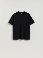 T-shirt boxy z bawełną - czarny. Czarne t-shirty męskie Reserved, l, bez wzorów, z bawełny, bez kołnierzyka. Za 79.99 zł.