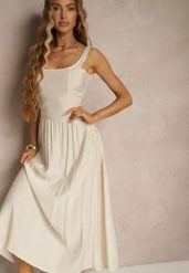 Beżowa Rozkloszowana Sukienka z Wiskozy Milunisa. Brązowe sukienki damskie Renee, na co dzień, m, bez wzorów, z jeansu, eleganckie, bez kołnierzyka, bez ramiączek, maxi, rozkloszowane. W wyprzedaży za 62.99 zł.