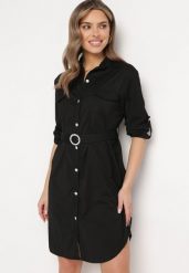 Czarna Sukienka o Koszulowym Fasonie z Paskiem z Cyrkoniami w Komplecie Iosali. Czarne sukienki damskie Born2be, l, bez wzorów, eleganckie, bez kołnierzyka, bez ramiączek, midi, kopertowe. W wyprzedaży za 119.99 zł.