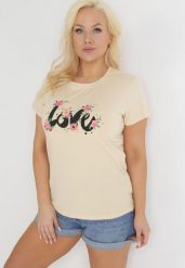 Beżowy Bawełniany T-shirt z Krótkim Rękawem i Nadrukiem Naremena. Brązowe t-shirty damskie Born2be, xl, bez wzorów, z bawełny, bez kołnierzyka. Za 39.99 zł.
