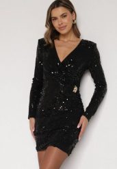 Czarna Dopasowana Sukienka o Eleganckim Kroju z Dekoltem w Serek i Cekinami Iwedama. Czarne sukienki damskie Born2be, na imprezę, l, bez wzorów, z poliesteru, eleganckie, bez kołnierzyka, bez ramiączek, dopasowane. Za 189.99 zł.