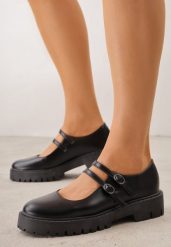 Czarne Półbuty Płaskie Chunky w Stylu Mary Jane z Dwoma Paseczkami Morelia. Czarne półbuty damskie Renee, bez wzorów, z jeansu, retro, bez obcasa, na płaskiej podeszwie. Za 79.99 zł.