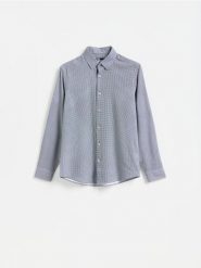 Koszula slim z drobnym printem - czarny. Czarne koszule męskie Reserved, l, bez wzorów, z tkaniny, bez kołnierzyka, bez ramiączek. Za 129.99 zł.