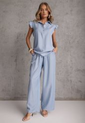 Jasnoniebieski Komplet z Wiskozą Bluzka z Kołnierzem i Spodnie Wide Leg Naunne. Niebieskie spodnie materiałowe damskie Renee, bez wzorów, z materiału, casualowe, plus size. Za 99.99 zł.