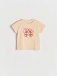 T-shirt z haftem - beżowy. Brązowe koszulki dziewczęce Reserved, m, bez wzorów, z bawełny, bez ramiączek. W wyprzedaży za 12.99 zł.
