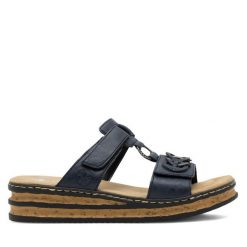Klapki Rieker. Niebieskie klapki damskie Rieker, bez wzorów, bez obcasa. Za 239.99 zł.