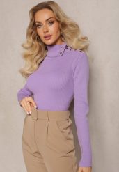 Fioletowy Golf z Prążkowanej Dzianiny z Nitami Itagi. Fioletowe golfy damskie Renee, z aplikacjami, z dzianiny, bez ramiączek. Za 69.99 zł.