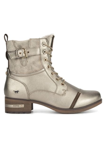 Mustang Trzewiki 1229-606 Złoty. Żółte botki damskie Mustang, z materiału, bez obcasa, na płaskiej podeszwie, bez zapięcia. Za 279.99 zł.