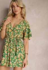 Zielono-Żółty Kombinezon w Kwiaty z Krótkim Rękawem z Gumką w Talii i Paskiem Biacelia. Zielone kombinezony damskie Renee, l, bez wzorów, eleganckie, bez kołnierzyka, bez ramiączek, krótkie. Za 39.99 zł.
