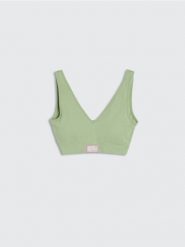 Prążkowany top sportowy z wyjmowanymi wkładkami - zielony. Zielone topy sportowe damskie Sinsay, l, bez wzorów, prążkowane, bez ramiączek. Za 22.99 zł.