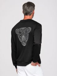 Bluza męska ze srebrno-czarną aplikacją pantery na plecach z okrągłym dekoltem - czarna V1 - Rozmiar: XL. Czarne bluzy bez kaptura męskie Ombre Clothing, m, z dzianiny. Za 425.99 zł.