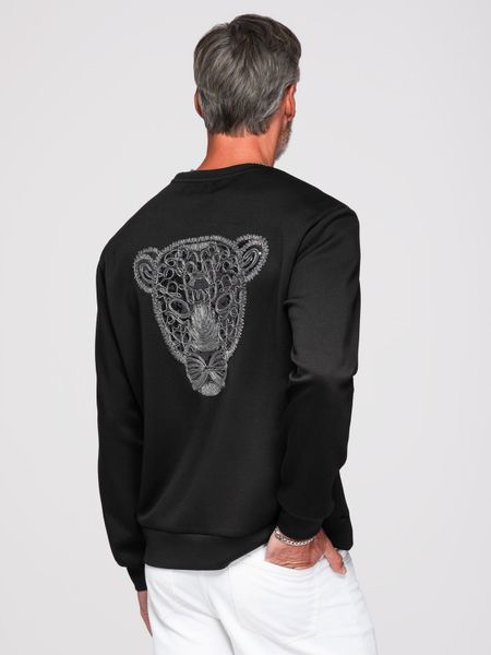 Bluza męska ze srebrno-czarną aplikacją pantery na plecach z okrągłym dekoltem - czarna V1 - Rozmiar: XL. Czarne bluzy bez kaptura męskie Ombre Clothing, m, z dzianiny. Za 425.99 zł.