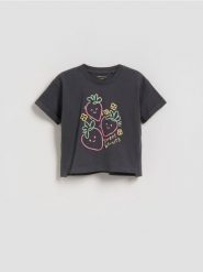 Bawełniany t-shirt z nadrukiem - ciemnoszary. Szare koszulki dziewczęce Reserved, m, bez wzorów, z bawełny, bez ramiączek. Za 22.99 zł.