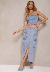 Niebieska Jeansowa Spódnica Regular Waist z Kieszeniami z Napami i Rozcięciem Alicella. Niebieskie spódniczki damskie Renee, l, bez wzorów, z jeansu, eleganckie, maxi, koszulowe. Za 129.99 zł.