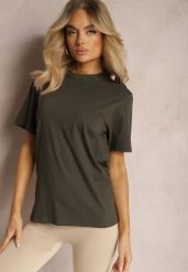 Ciemnozielona Casualowa Koszulka z Bawełny z Krótkim Rękawem Virdula. Zielone bluzki damskie Renee, s, bez wzorów, z bawełny, eleganckie, bez kołnierzyka, bez ramiączek. Za 19.99 zł.