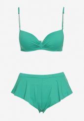 Zielone Bikini Góra z Regulowanymi Ramiączkami Ozdobionymi Cyrkoniami z Elastycznym Dołem w Zestawie Spodenki Kąpielowe z Gumką w Pasie Quilalia. Zielone bikini damskie Born2be, z aplikacjami. Za 44.99 zł.