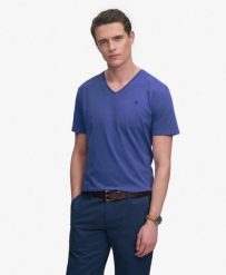 Superdry T‑shirt z dekoltem V z bawełny i lnu – Serge Blue. Niebieskie t-shirty damskie Superdry., m, bez wzorów, z bawełny, bez kołnierzyka. Za 129.05 zł.