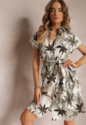 Ciemnozielona Bawełniana Sukienka z Kołnierzykiem i Materiałowym Paskiem Zariala. Zielone sukienki damskie Renee, l, bez wzorów, z bawełny, bez kołnierzyka, bez ramiączek, mini, koszulowe. Za 99.99 zł.