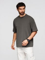 Męski t-shirt bawełniany LOOSE FIT z okrągłym dekoltem – szarozielony V3 - Rozmiar: L. Szare t-shirty męskie Ombre Clothing, l, bez wzorów, z bawełny, bez kołnierzyka. W wyprzedaży za 59.50 zł.