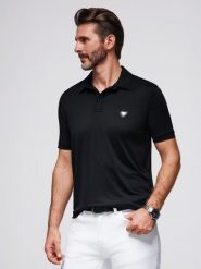 Stylowa męska koszulka polo z elastycznej tkaniny – czarna V1 - Rozmiar: L. Czarne koszulki polo męskie Ombre Clothing, l, bez wzorów, z elastanu, bez ramiączek. W wyprzedaży za 97.49 zł.