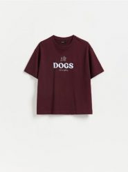 T-shirt z nadrukiem - bordowy. Czerwone t-shirty damskie Reserved, l, bez wzorów, z bawełny, bez kołnierzyka. Za 45.99 zł.