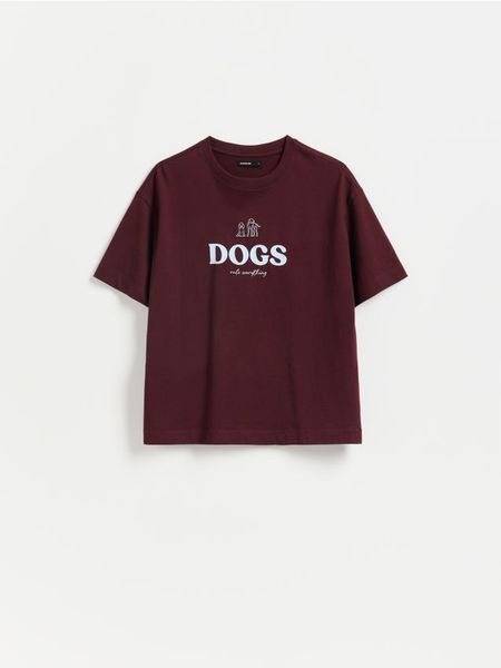 T-shirt z nadrukiem - bordowy. Czerwone t-shirty damskie Reserved, l, bez wzorów, z bawełny, bez kołnierzyka. Za 45.99 zł.