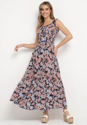 Granatowa Rozkloszowana Sukienka Bawełniana w Kwiatowy Print z Guzikami Jamallia. Niebieskie sukienki damskie Born2be, na lato, m, bez wzorów, z bawełny, bez kołnierzyka, bez ramiączek, maxi, rozkloszowane. W wyprzedaży za 71.99 zł.