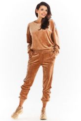 Welurowa Bluza z Logowaną Taśmą - Beżowa. Brązowe bluzy bez kaptura damskie Awama, l, z materiału. Za 209.90 zł.
