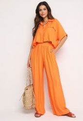 Pomarańczowy Wiskozowy Komplet 2-Częściowy Luźna Koszula Spodnie z Szerokimi Nogawkami Ulvitela. Brązowe koszule damskie Born2be, bez wzorów, z wiskozy, eleganckie. Za 159.99 zł.