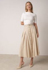 Beżowa Spódnica Rozkloszowana z Bawełną i Paskiem oraz Kieszniami Jorlea. Brązowe spódniczki damskie Born2be, na lato, l, bez wzorów, z bawełny, boho, midi, koszulowe. Za 119.99 zł.
