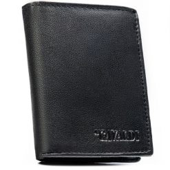 Pionowy, czarny portfel męski ze skóry naturalnej z systemem RFID bez zapięcia zewnętrznego - 4U Cavaldi. Czarne portfele męskie 4U Cavaldi, bez wzorów, ze skóry. Za 54.99 zł.