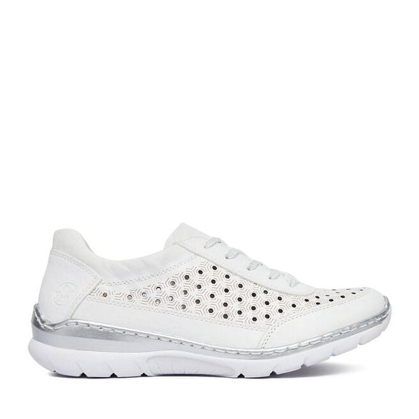 Półbuty Rieker. Białe półbuty damskie Rieker, bez wzorów, bez obcasa, na płaskiej podeszwie. Za 349.99 zł.