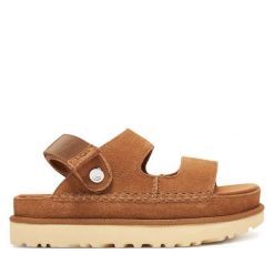 Sandały Ugg. Brązowe sandały damskie Ugg, bez wzorów, bez obcasa, na płaskiej podeszwie. Za 509.99 zł.