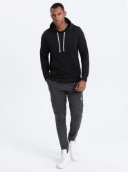 Bluza męska z kapturem nierozpinana - czarna V1 OM-SSBN-0120 - XL. Czarne bluzy z kapturem męskie Ombre Clothing, l, z bawełny. Za 34.79 zł.