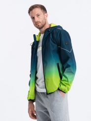Sportowa kurtka męska ombre z odblaskami i polarową podszewką – turkusowo-limonkowa V1 OM-JANP-0105 - XXL. Niebieskie kurtki treningowe męskie Ombre Clothing, l, bez wzorów, z materiału. Za 179.99 zł.