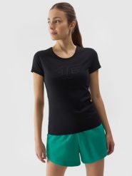 4F T-shirt slim z nadrukiem damski - czarny M. Czarne t-shirty damskie 4f, m, bez wzorów, z bawełny, bez kołnierzyka. W wyprzedaży za 39.99 zł.