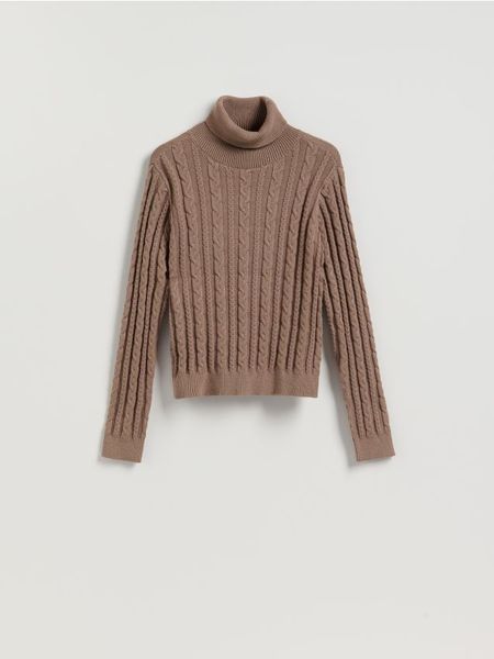 Golf z dekoracyjnym splotem - brązowy. Brązowe golfy damskie Reserved, l, bez wzorów, z dzianiny, bez ramiączek. W wyprzedaży za 69.99 zł.