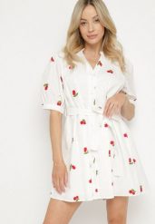 Biała Bawełniana Sukienka Koszulowa Zdobiona Haftem w Wisienki Delarmira. Białe sukienki damskie Born2be, na co dzień, l, z aplikacjami, z bawełny, eleganckie, bez kołnierzyka, bez ramiączek, mini, koszulowe. W wyprzedaży za 167.99 zł.