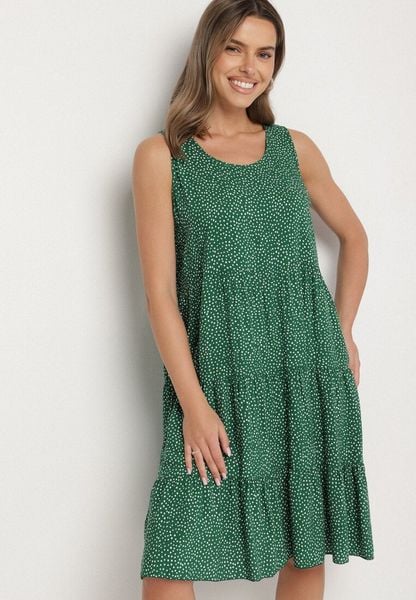 Zielona Bawełniana Sukienka w Kropki z Falbanami Zerolia. Zielone sukienki damskie Born2be, do pracy, l, bez wzorów, z bawełny, biznesowe, bez kołnierzyka, bez ramiączek, midi, proste. Za 49.99 zł.