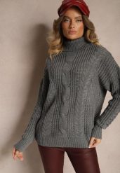 Ciemnoszary Golf z Wiskozą w Stylu Oversize z Ozdobnym Splotem Korremi. Szare golfy damskie Renee, m, bez wzorów, z wiskozy, bez ramiączek. Za 79.99 zł.