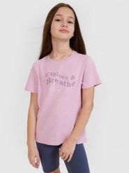 4F T-shirt regular z nadrukiem dziewczęcy - fioletowy 140 (9-10 lat). Fioletowe koszulki dziewczęce 4f, bez wzorów, z bawełny, bez ramiączek. W wyprzedaży za 19.99 zł.