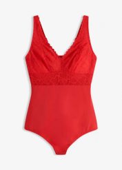 Body o średnim stopniu modelowania z koronką w serduszka. Czerwone body damskie bonprix, bez wzorów, z koronki. Za 129.99 zł.