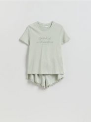 Bawełniana piżama dwuczęściowa - jasnozielony. Zielone piżamy damskie Reserved, l, bez wzorów, z bawełny, bez ramiączek. Za 79.99 zł.