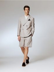 Szorty garniturowe z lnem - beżowy. Brązowe szorty męskie Reserved, z bawełny, bez kołnierzyka. Za 149.99 zł.