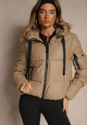Ciemnobeżowa Kurtka Puffer z Pikowanymi Przeszyciami i Kapturem Renaria. Brązowe kurtki damskie Renee, na zimę, l, bez wzorów, z jeansu, z kapturem. Za 179.99 zł.