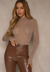 Brązowa Wiskozowa Bluzka Longsleeve Golf z Kaszmirem Vidara. Brązowe bluzki damskie Renee, s, bez wzorów, z jeansu, bez kołnierzyka, bez ramiączek. Za 79.99 zł.